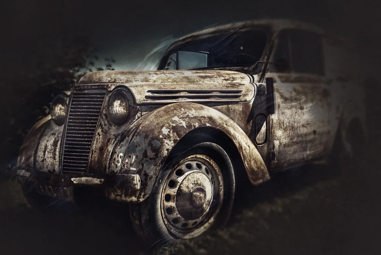 an old car that is sitting in the dirt, by Artur Tarnowski, trending on pixabay, photorealism, ultra textured, low key, museum quality photo, upset