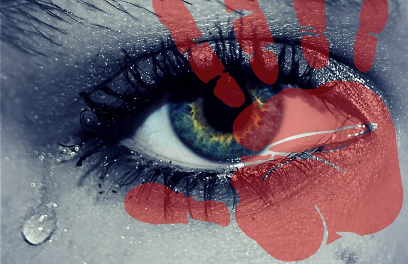 a close up of a person's eye with blood on it, a picture, by Lucia Peka, trending on pixabay, hurufiyya, blue and red, fan art, seducing eyes, splatter