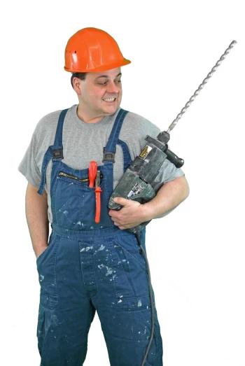 a man in overalls and a hard hat holding a drill, a stock photo, inspired by Robert Zünd, very very happy!, fully body photo, high - res, very full detail