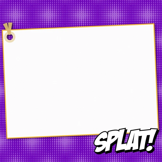 a sign that says splat on a purple background, a picture, by Lichtenstein, tumblr, card back template, comic panel, white border frame, pokimane