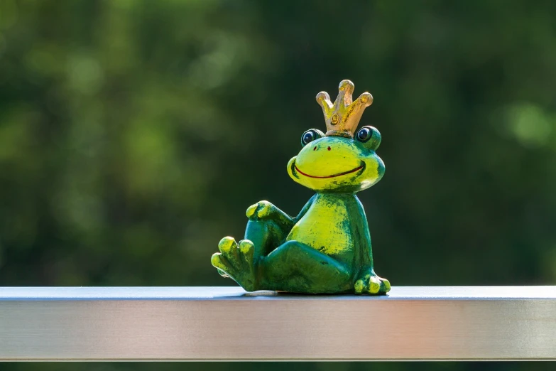 a figurine of a frog with a crown on its head, a picture, having fun in the sun, deck, calm weather, sitting on a window sill