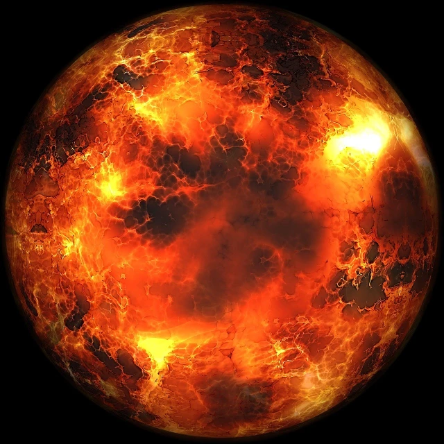 a close up of a fireball on a black background, digital art, circular planet, hell and heaven, high-res, from doom