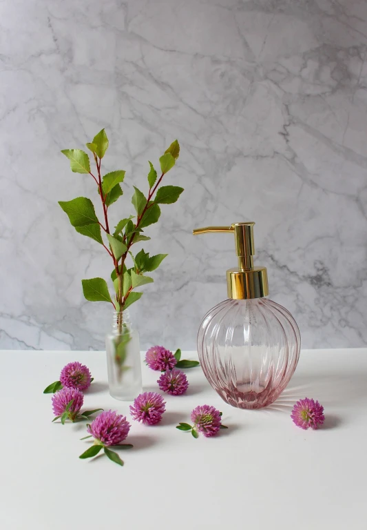 a vase filled with pink flowers next to a soap dispenser, inspired by Anna Boch, baroque, clover, clean background, glass and gold pipes, high quality product photo