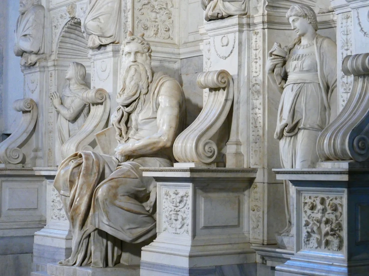 a statue of a man sitting on a bench, a marble sculpture, by Michelangelo, flickr, moses, inside the sepulchre, giuseppe dangelico pino, 1 7 th century art