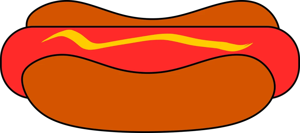 a hot dog with mustard and ketchup on it, an abstract drawing, inspired by Alexander Milne Calder, sōsaku hanga, [[[[grinning evily]]]], abdominal muscles, created in adobe illustrator, truncated snout under visor