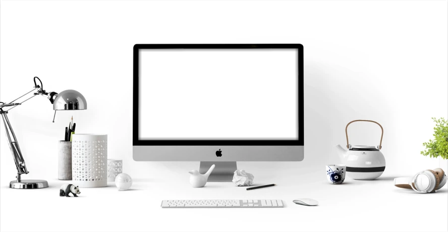 a desktop computer sitting on top of a white desk, by Andrei Kolkoutine, pexels, computer art, hq 4k phone wallpaper, apple design, website banner, lineart behance hd