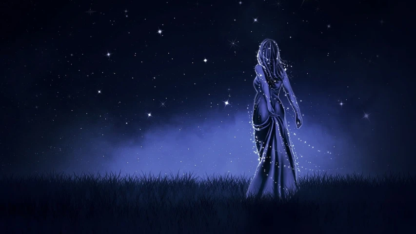 a woman that is standing in the grass, digital art, tumblr, stars glistening in the night, midnight blue, godess, star walk