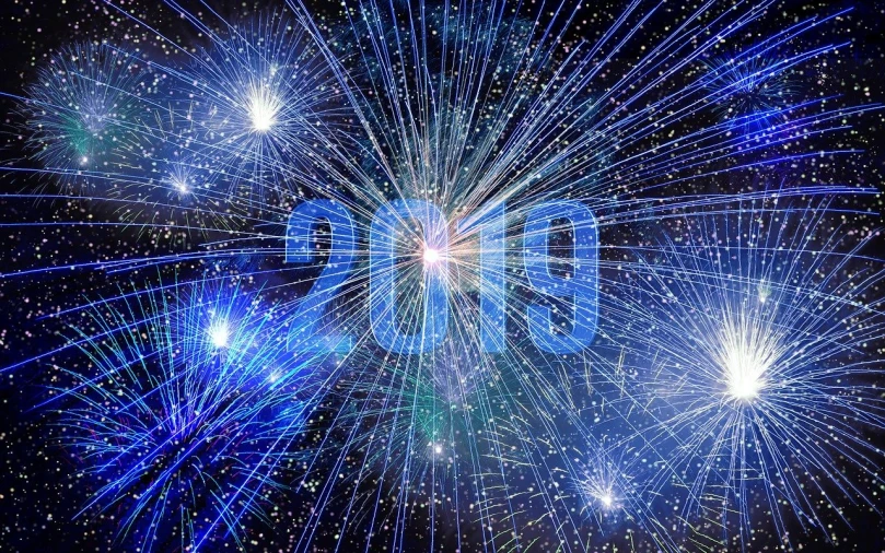 a bunch of fireworks that are in the sky, a stock photo, shutterstock, year 2099, background of stars and galaxies, bright blue future, 2 0 1 9