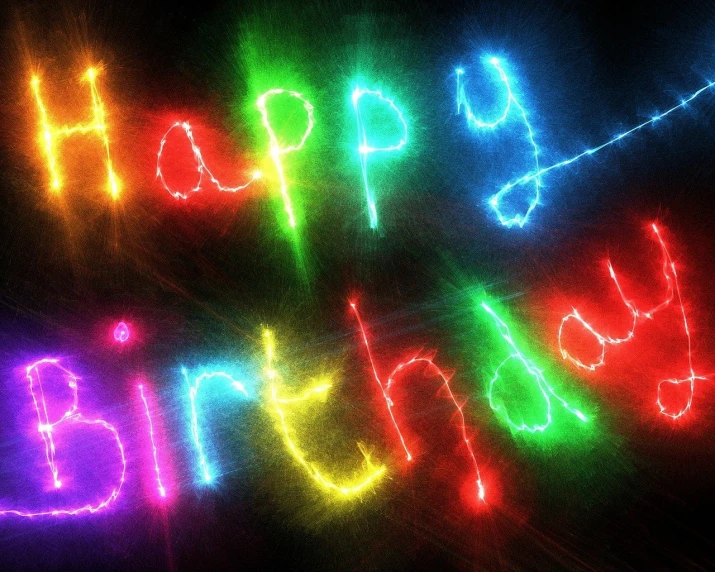 a neon sign that says happy birthday, a digital rendering, light particules, istockphoto, hd screenshot, colourfull