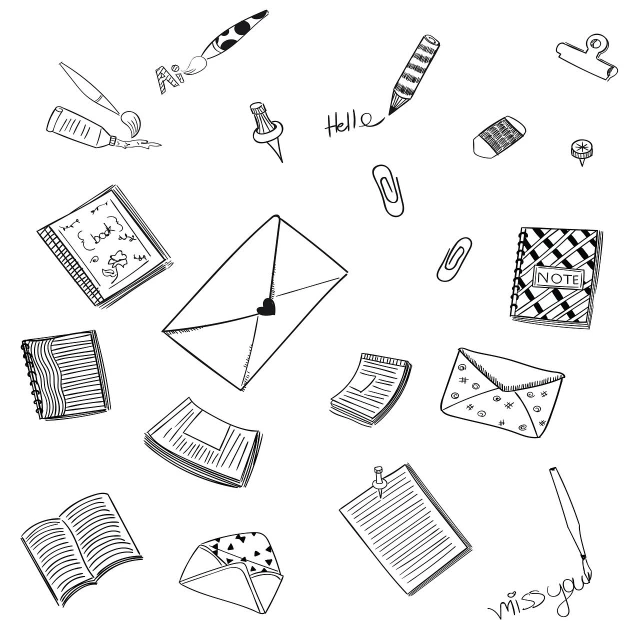 a black and white drawing of school supplies, by Kim Jeong-hui, tumblr, cartoonish vector style, writing a letter, icon pattern, whole page illustration