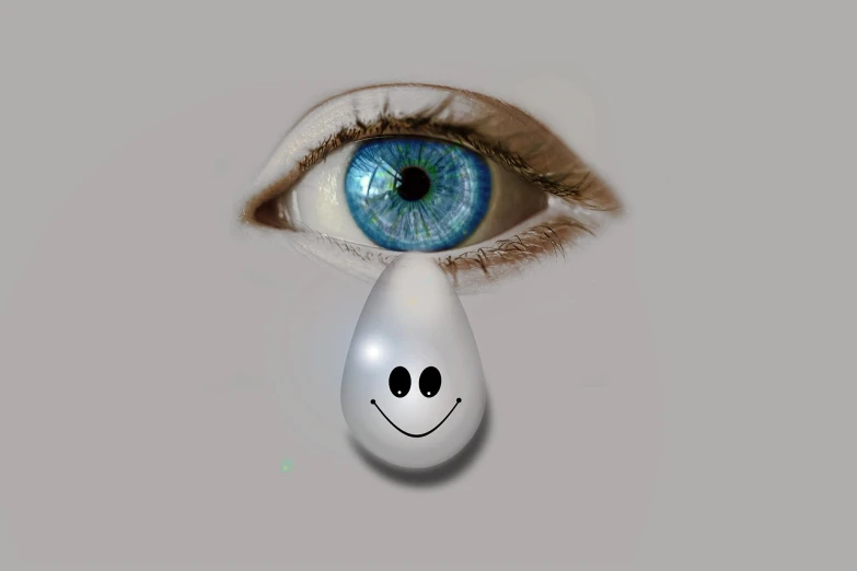 a close up of a person's eye with a smiley face on it, a photo, inspired by Rene Magritte, condensation droplet render, eye white). full body realistic, prototype, with a white muzzle