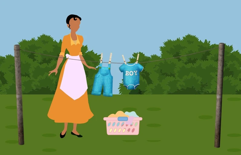 a woman that is standing in the grass, a digital rendering, inspired by Clarice Beckett, naive art, laundry hanging, cartoon style illustration, little boy, maid outfit