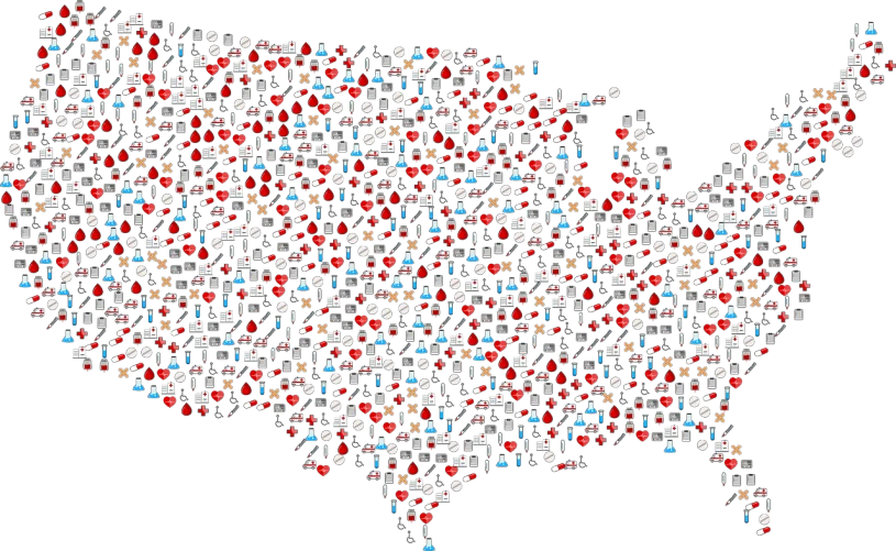 a map of the united states in red, white and blue, digital art, by Adam Chmielowski, flickr, grid montage of shapes, on black background, thousands of crows, schools