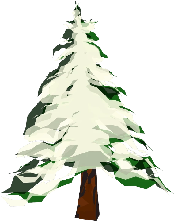a snow covered pine tree on a white background, pixabay, pixel art, low poly outlines, dark brown white green colours, no gradients, cubism painting of a tree