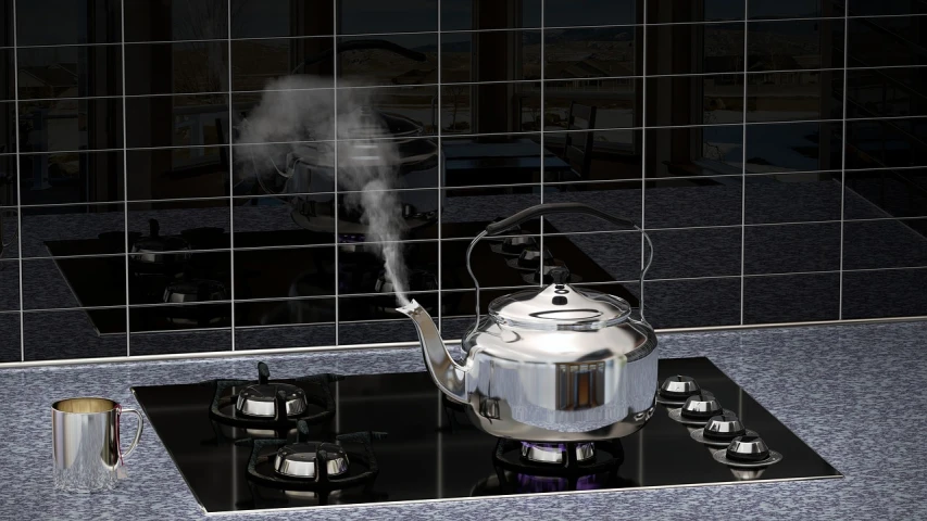 a tea kettle sitting on top of a stove top, a digital rendering, inspired by Krzysztof Boguszewski, art deco, smoke simulation, digital art. photo realistic, metalic reflection, high definition screenshot