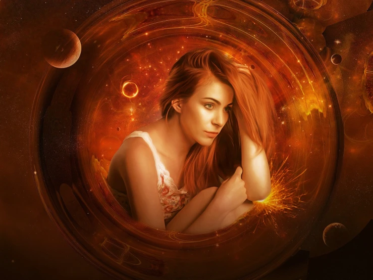 a woman with long red hair posing for a picture, digital art, inspired by Johfra Bosschart, digital art, orange halo, space and time, portrait of magical young girl, emotions. fantasy
