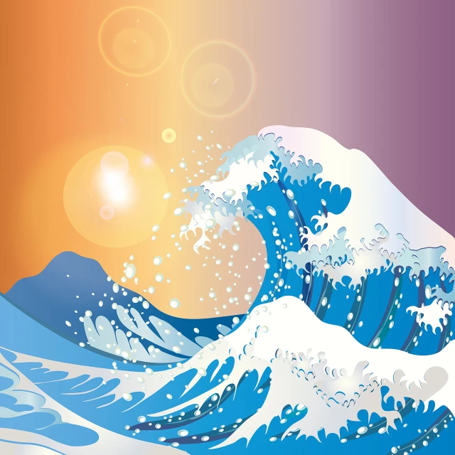 a picture of a big wave in the ocean, an illustration of, ukiyo-e, toward the sun rays and caustics, bright colors highly detailed, with a blue background, full color illustration