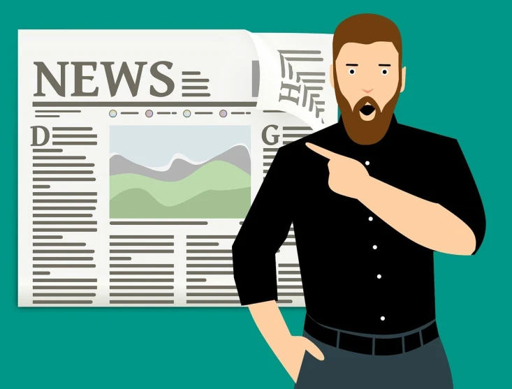 a man with a beard pointing at a newspaper, a cartoon, trending on pixabay, news broadcast, ad image, staring, cartoonish and simplistic