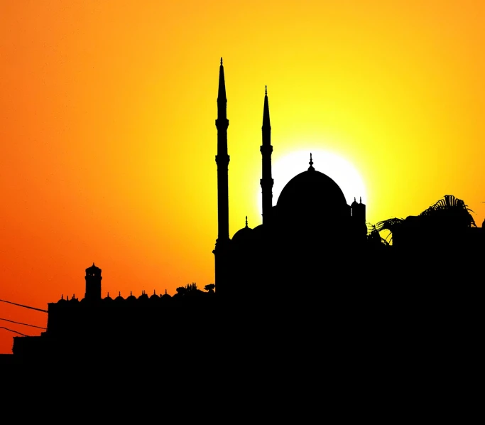 a silhouette of a mosque with the sun setting in the background, a picture, by Zahari Zograf, shutterstock, ottoman sultanate, winning photo, stock photo