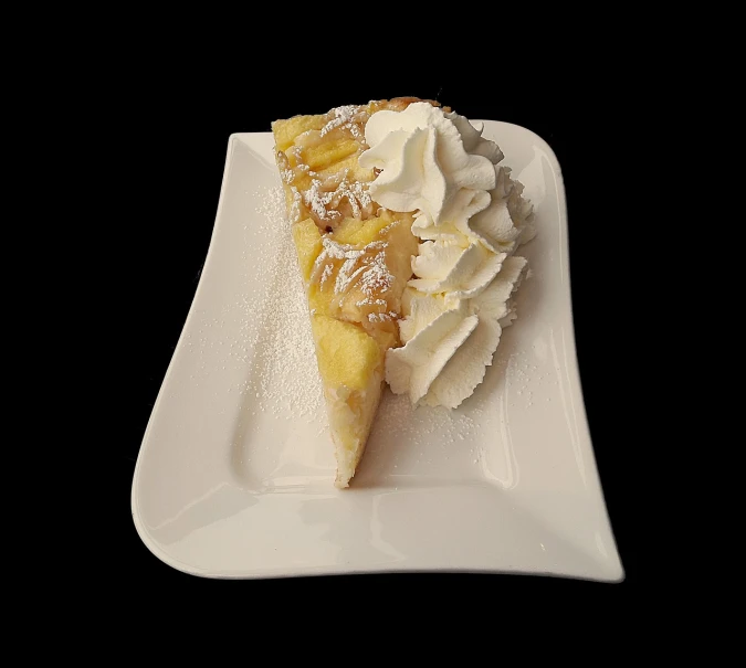 a piece of pie sitting on top of a white plate, a photo, by Dietmar Damerau, pixabay, renaissance, pineapple, whipped cream on top, it has lemon skin texture, stroopwaffel