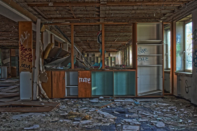 a room filled with lots of junk next to a window, by Dietmar Damerau, flickr, graffiti, abandoned shopping mall, marble!! (eos 5ds r, hdr detail, whirlpool