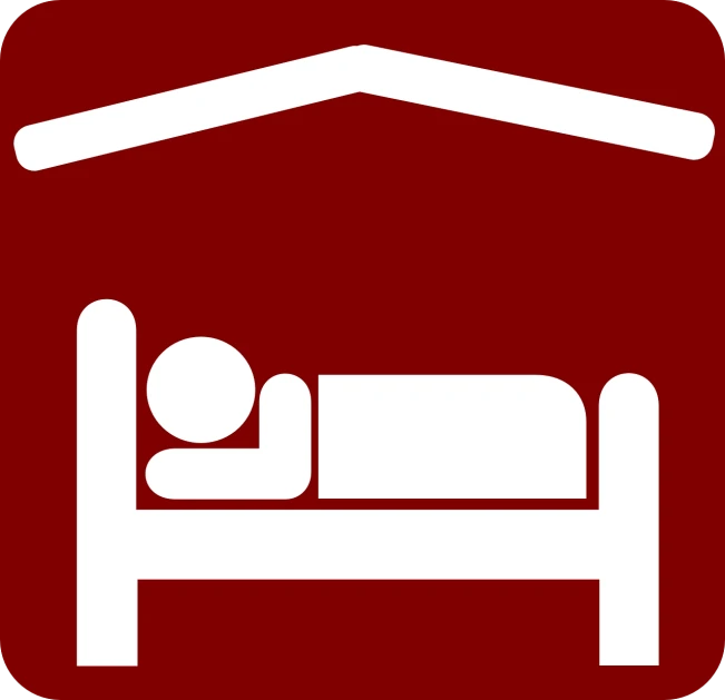 a person laying in a bed under a roof, by Robert Childress, pixabay, bauhaus, maroon and white, sign, pictogram, hospital