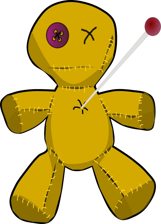 a yellow voodoo doll with a pin in it's mouth, a screenshot, inspired by Kagaku Murakami, pixabay contest winner, holding a magic needle, hr ginger, dark gloomy, clip art