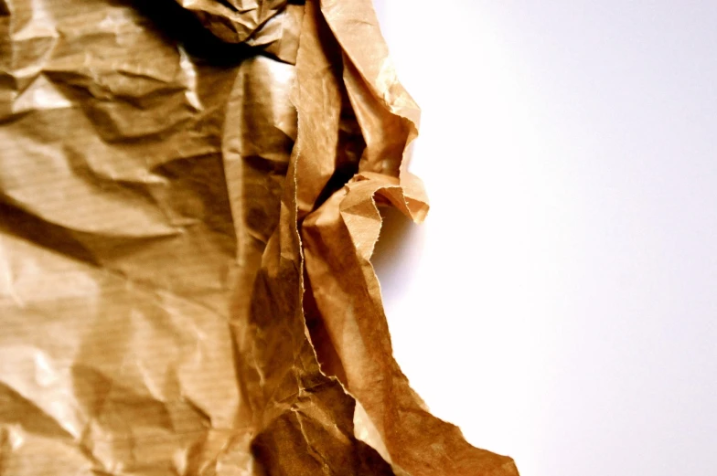 a piece of brown paper sitting on top of a table, by Alexander Robertson, pexels, minimalism, paper crumpled texture, gold silk, bag, grain”