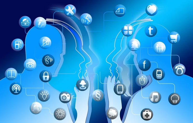 two people facing each other with social icons coming out of them, digital art, full size, glossy design, very stylized, high-tech devices