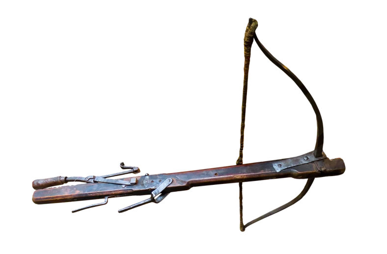 a close up of a bow and arrow on a black background, by Slava Raškaj, hurufiyya, antique, panorama, with damaged rusty arms, orazio gentileschi style