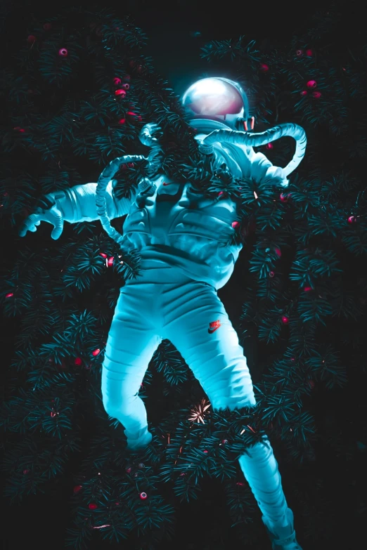 an astronaut floating in the air in front of a christmas tree, a colorized photo, inspired by Beeple, pexels, full body close-up shot, high contrast cinematic light, the mummy astronaut, teal neon lights