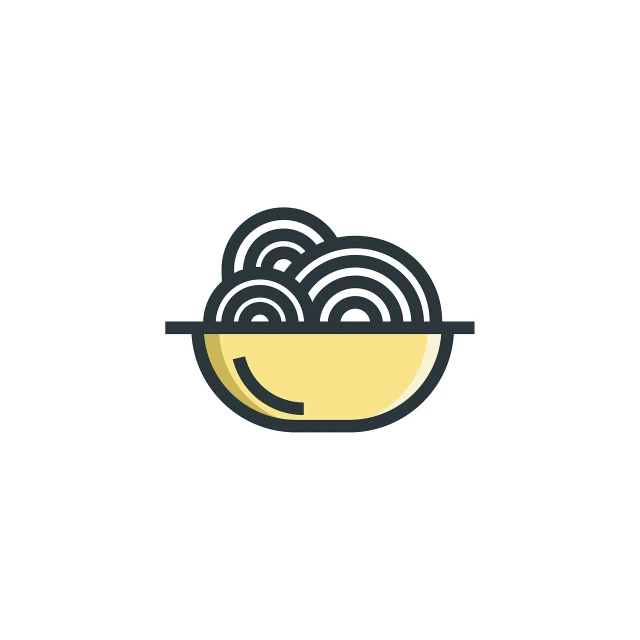 a bowl filled with noodles sitting on top of a table, by Adam Marczyński, minimalism, 2d icon, two onion rings, flat color and line, curly