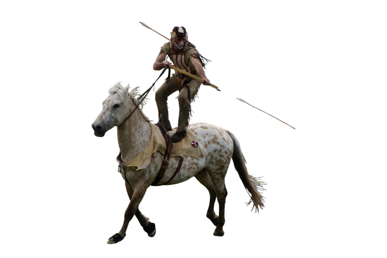 a man riding on the back of a white horse, inspired by Philips Wouwerman, featured on zbrush central, renaissance, native american warrior, on black background, highly detailed vfx portrait of, arrow