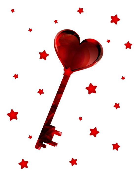 a red heart shaped key with stars in the background, a digital rendering, romanticism, with a black background, killstar, glass-cast heart, phone photo