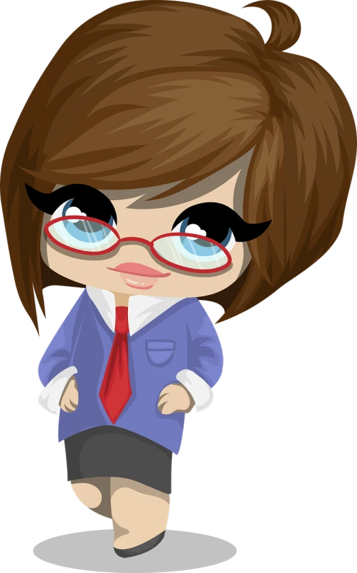 a cartoon girl with glasses and a tie, deviantart, animated style, chucky style, professional comercial vibe, mom