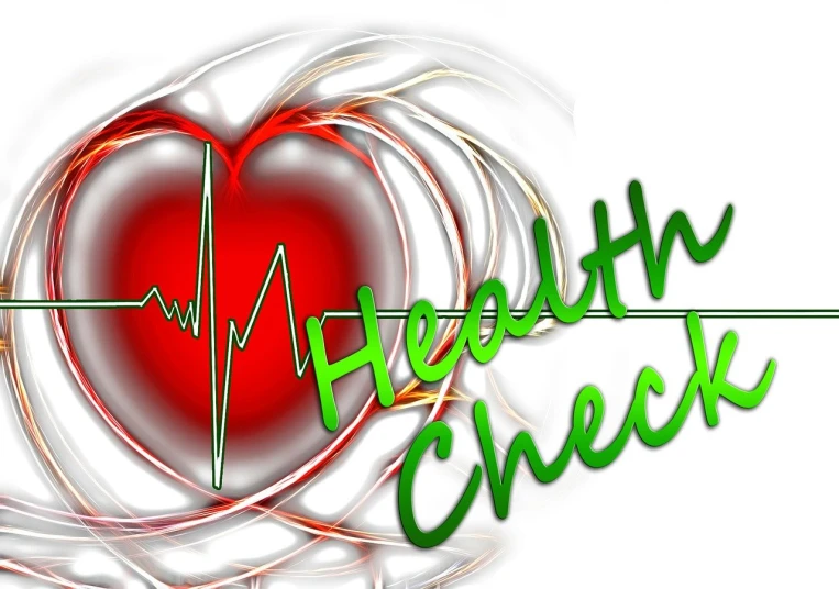 a red heart with the words health check on it, pixabay, health bar hud, - signature, green, set photo