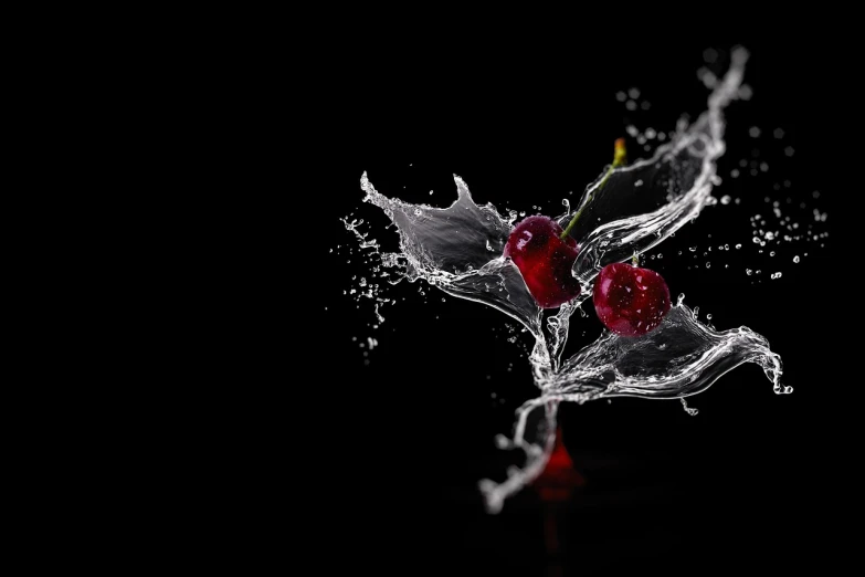 a close up of a flower with water splashing on it, a 3D render, by Fabien Charuau, art photography, cherries, black forest, designed in blender, hq 4k phone wallpaper