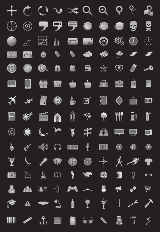a bunch of black and white icons on a black background, vector art, minimalism, 100, silver, daily life, screenshots