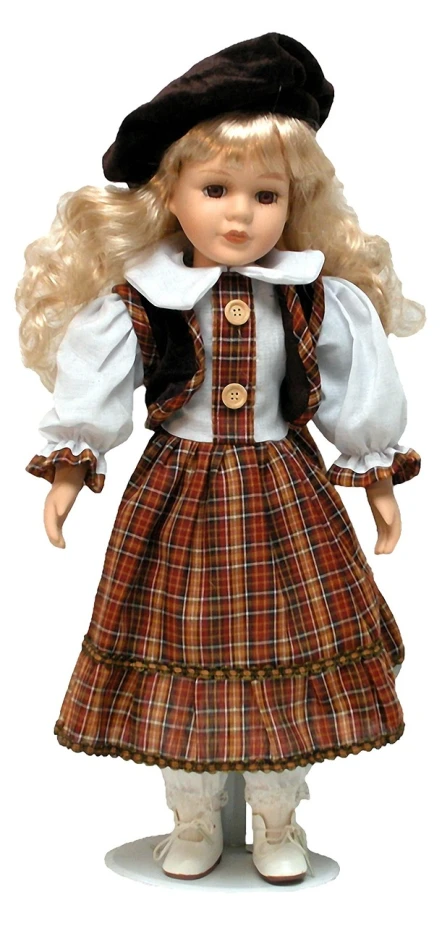 a doll with blonde hair wearing a dress and hat, cg society contest winner, scottish, vest, catalog photo, amber