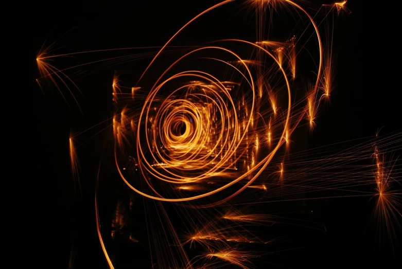 a close up of a light painting on a black background, digital art, by Thomas Häfner, pexels, orange halo, intricate sparkling atmosphere, golden spirals, bright thin wires