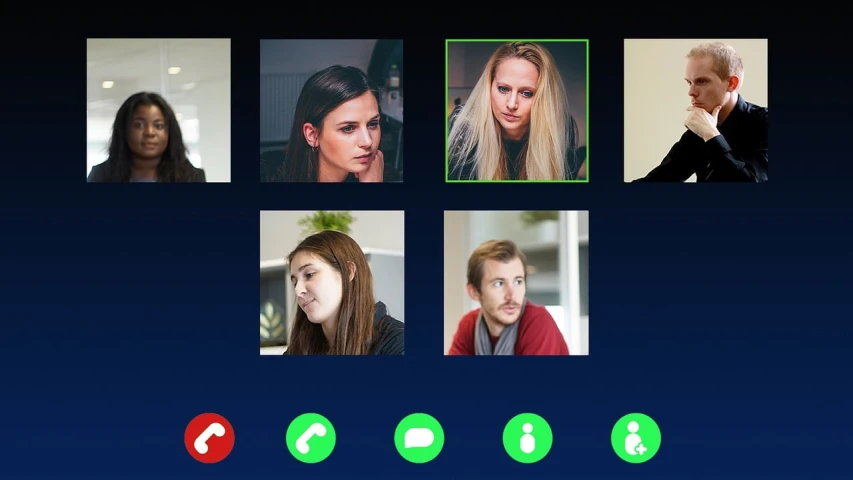 a group of people that are on a cell phone, webcam screenshot, green and blue and warm theme, uhd face details, ready for a meeting
