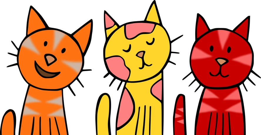 a group of cartoon cats standing next to each other, a cartoon, inspired by Alfred Manessier, flickr, yellows and reddish black, banner, with a black background, contemplating