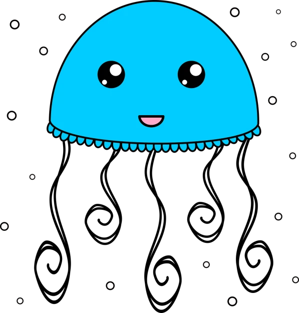 a blue jellyfish on a black background, vector art, inspired by Chiho Aoshima, tumblr, cute cartoon character, amoled wallpaper, little shy smile, background of the galaxy