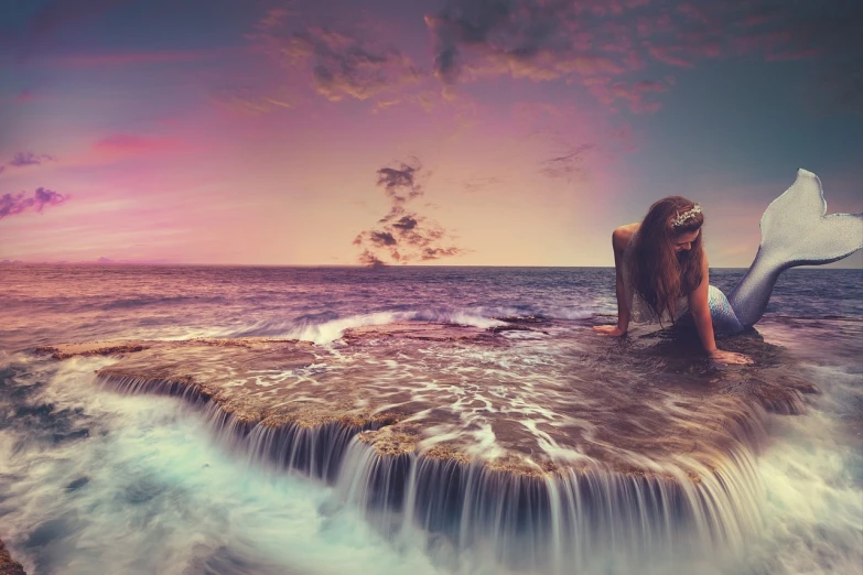 a mermaid sitting on a rock in the ocean, inspired by Cyril Rolando, pixabay contest winner, romanticism, panoramic view of girl, hdr photo, pink waterfalls, wide shot photo
