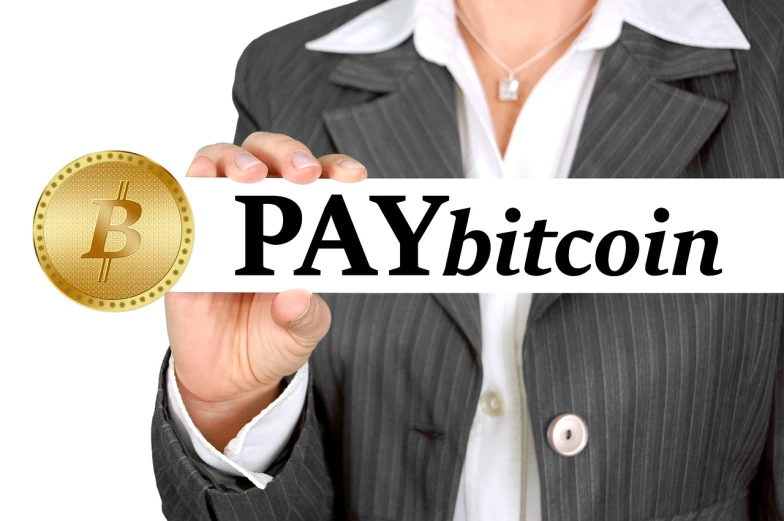 a woman in a business suit holding a sign that says pay bitcoin, pixabay, favicon, 💋 💄 👠 👗, rich detail, patriot