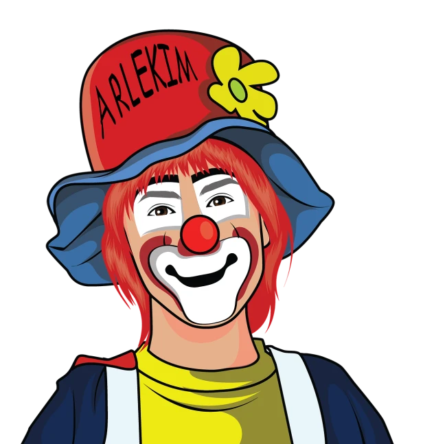 a clown with red hair wearing a blue hat, a cartoon, by Andrei Kolkoutine, shutterstock, with a black background, arkham, circus background, tekkon kinkret