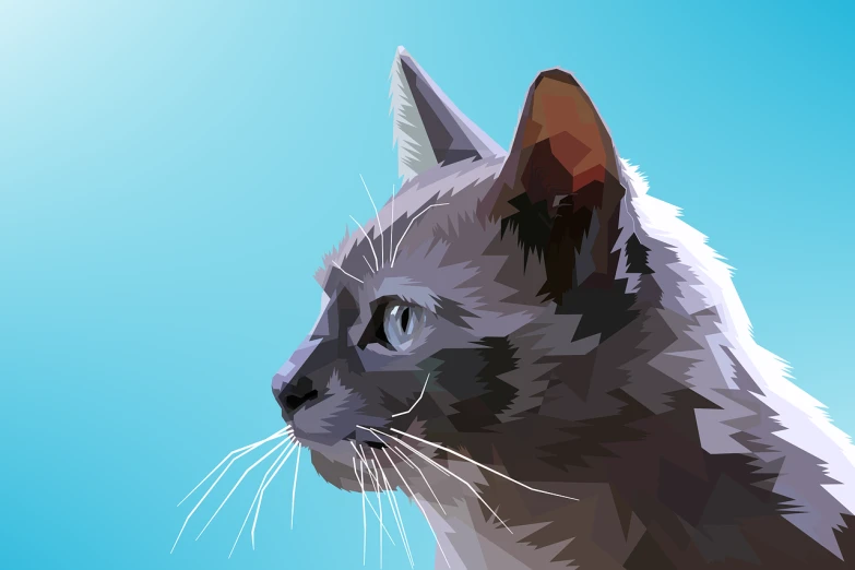 a close up of a cat on a blue background, vector art, digital art, low - poly aliased, short light grey whiskers, low-angle shot, high detail painting