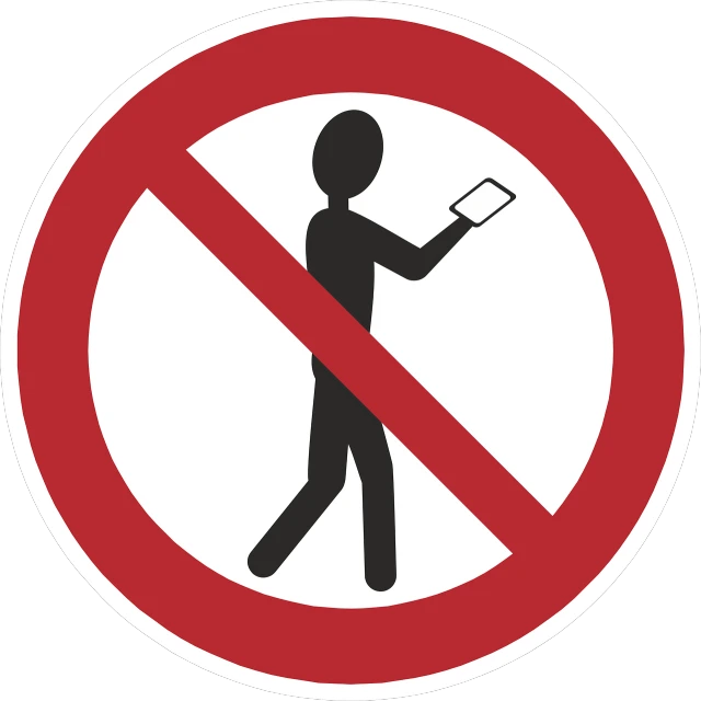 a red and white sign with a man holding a cell phone, by Jan Rustem, pixabay, antipodeans, no arms, taking a selfie, on a flat color black background, walking