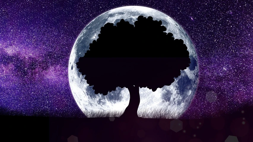 a full moon with a tree in the foreground, a picture, surrealism, background image, purplish space in background, logo without text, space photo