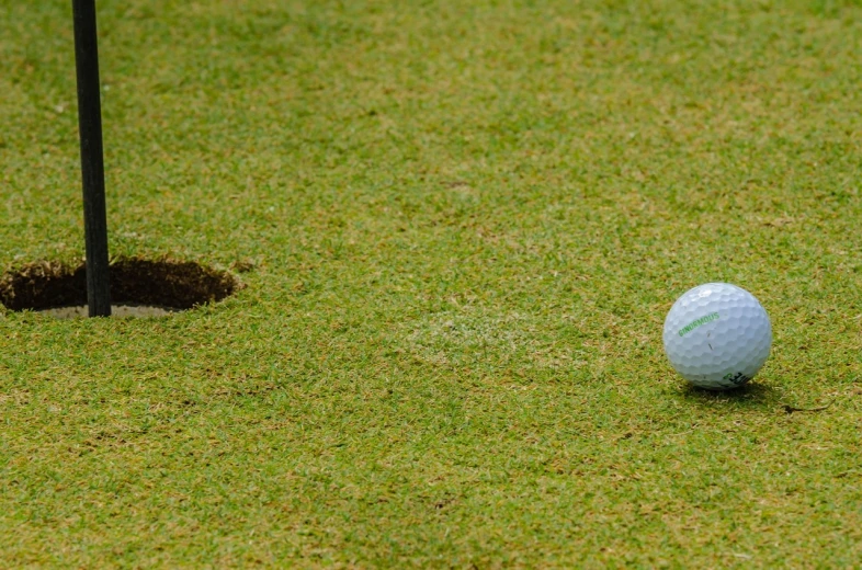 a golf ball sitting on the ground next to a hole, by Arnie Swekel, pixabay, precisionism, sickly green colors, mid air shot, round-cropped, telephoto shot